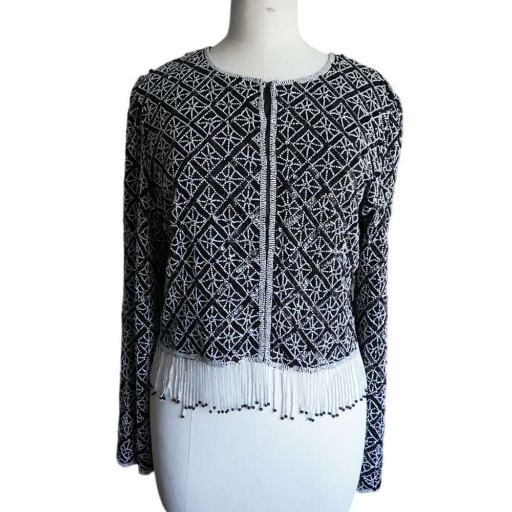 Vintage Laurence Kazar Silk Beaded Jacket Black White Sequin Evening (sz M)